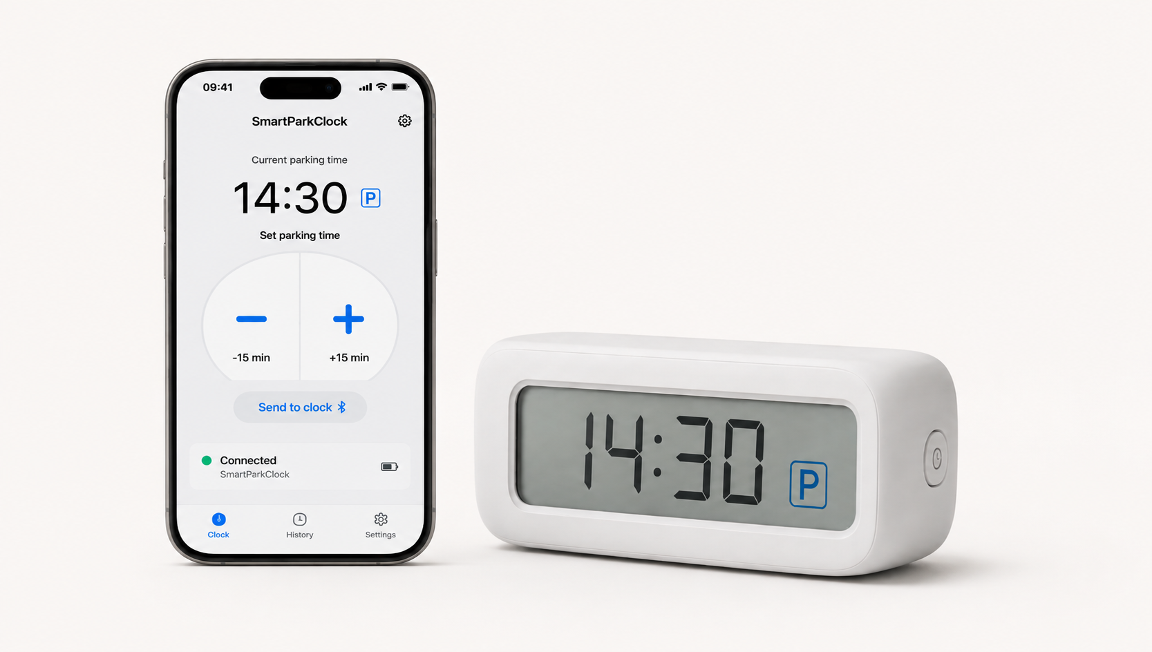 SmartParkClock app on a smartphone next to the SmartParkClock parking clock showing 14:30