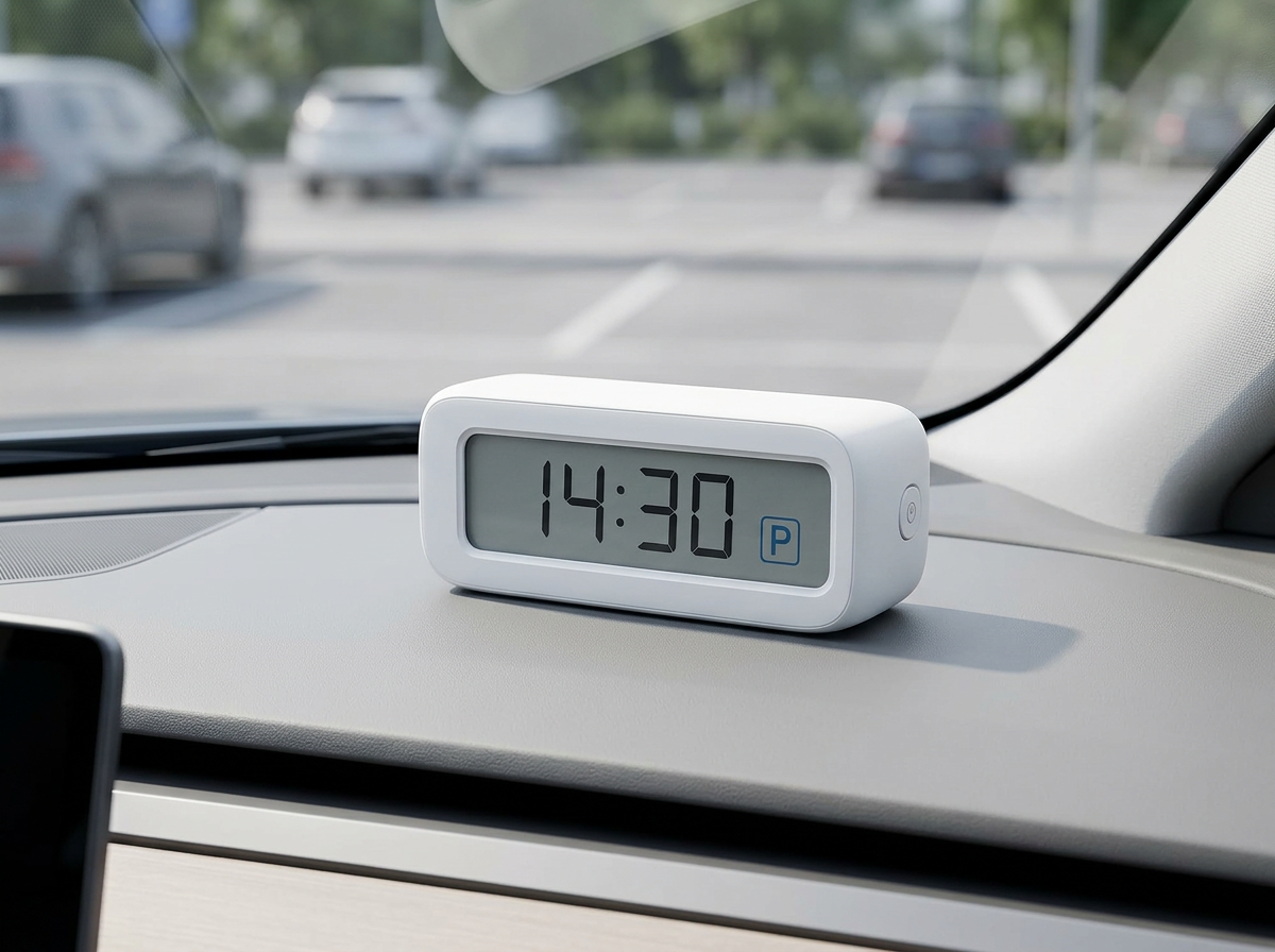 SmartParkClock Automatic on the dashboard of a parked European car, parking time shown on the display