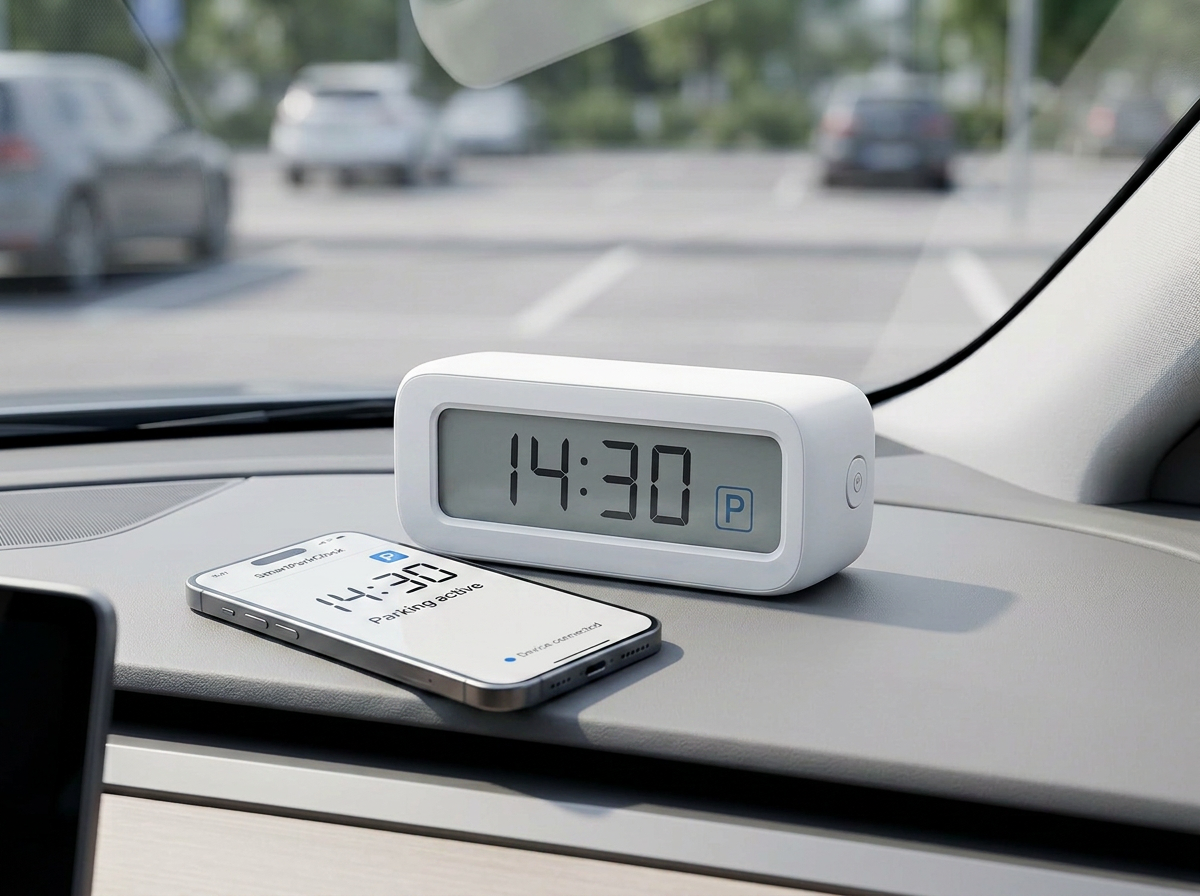 SmartParkClock Bluetooth on a car dashboard beside a smartphone running the SmartParkClock app
