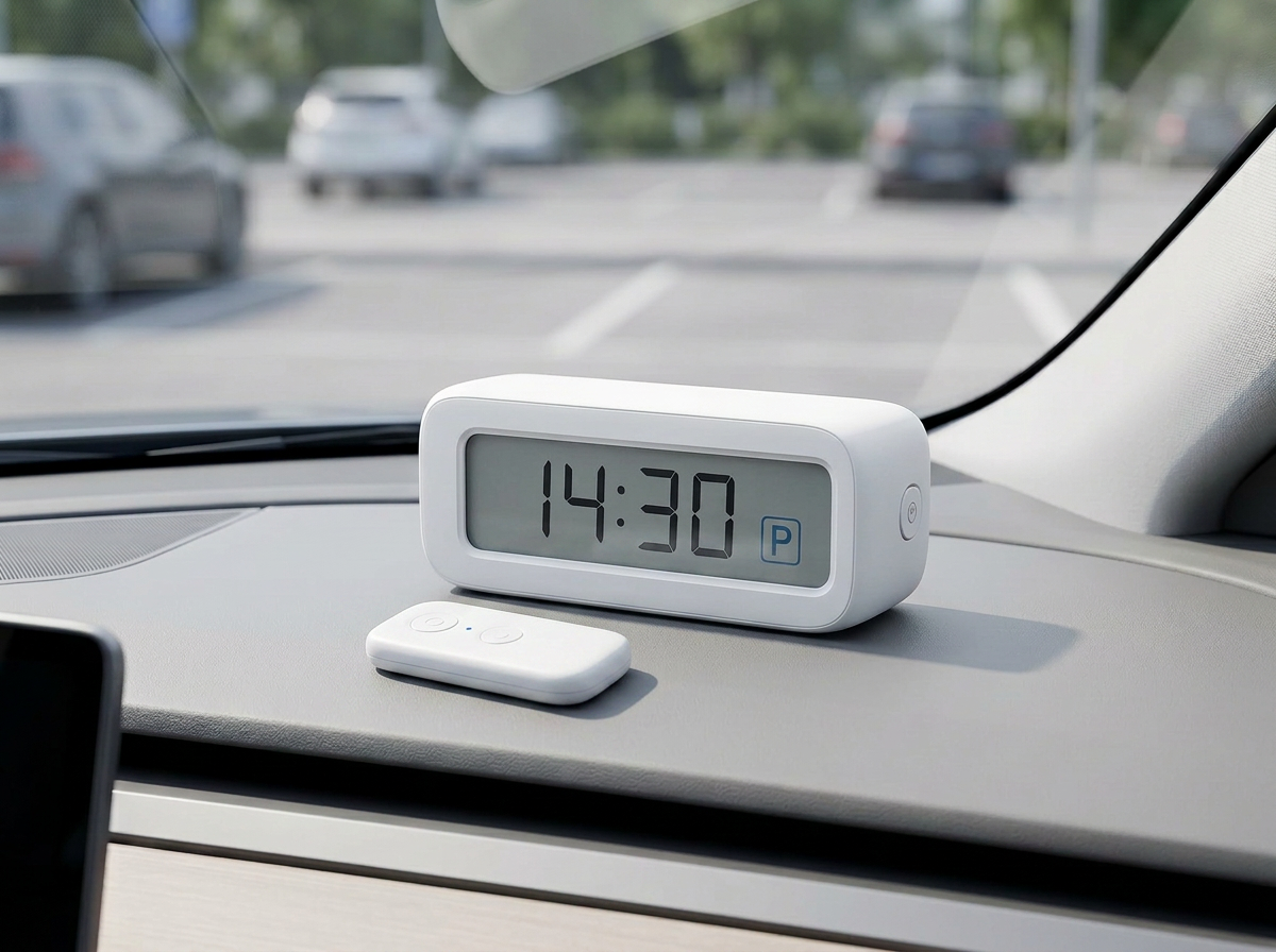SmartParkClock Remote on a car dashboard beside its small white wireless remote